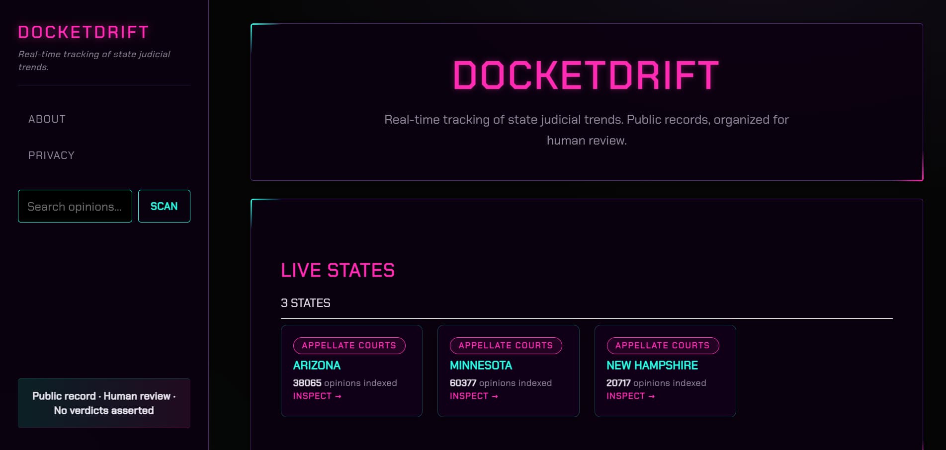 Screenshot of the DocketDrift homepage, a state appellate opinion navigator covering Arizona, Minnesota, and New Hampshire.