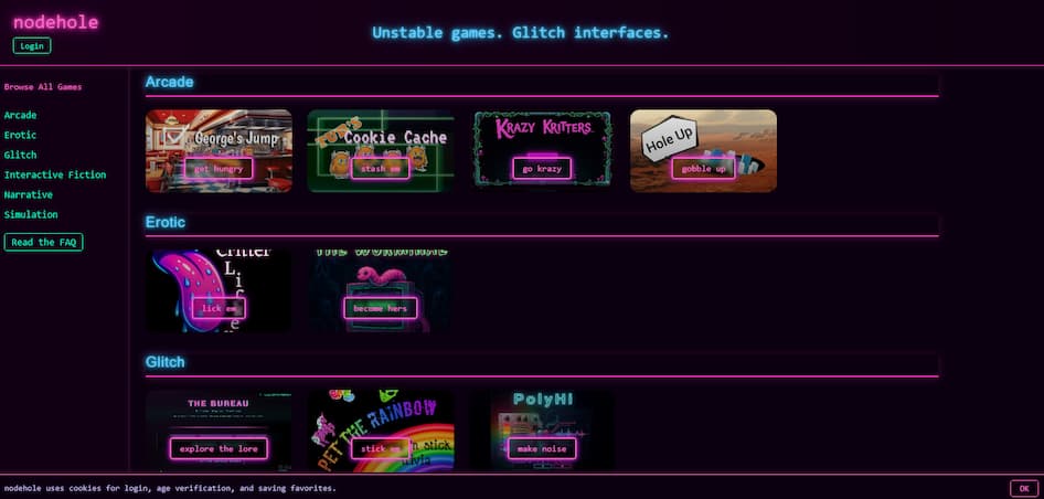 Screenshot of nodehole, an indie game site for games aimed at grown-ups rather than kids.