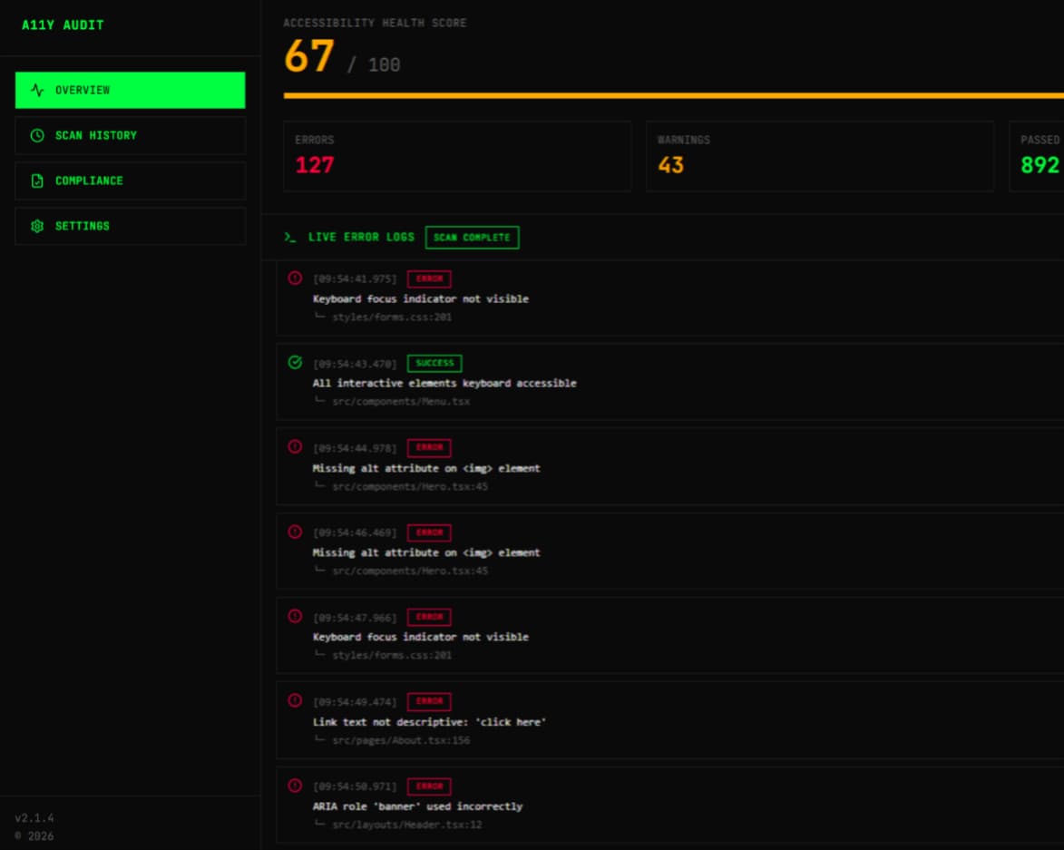 Diagnostic output of the Scan Madder accessibility auditor.